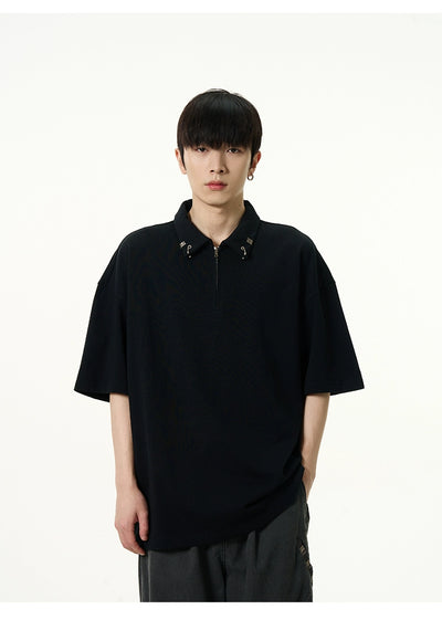 Metal Detail Half-Zip Polo Korean Street Fashion Polo By 77Flight Shop Online at OH Vault