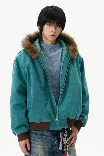 Fur Trimmed Hood Denim Jacket Korean Street Fashion Jacket By 77Flight Shop Online at OH Vault