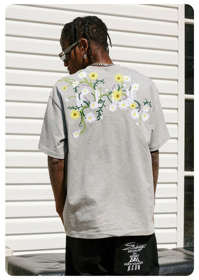 Stitched Flowers Casual T-Shirt Korean Street Fashion T-Shirt By Mad Witch Shop Online at OH Vault