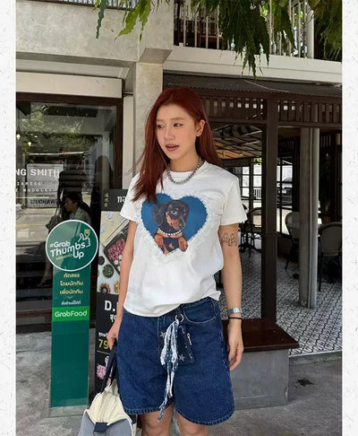 Laced Heart Dog Graphic Print T-Shirt Korean Street Fashion T-Shirt By Made Extreme Shop Online at OH Vault
