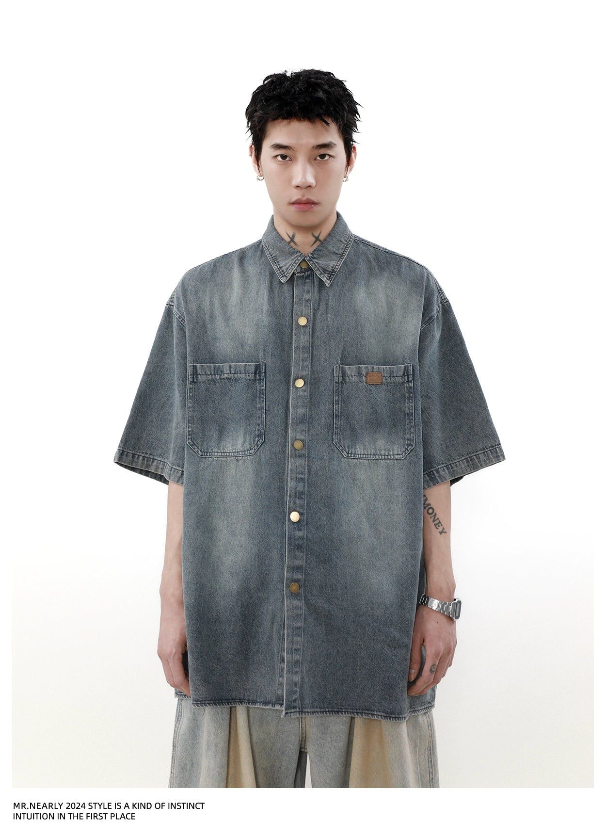 Faded Effect Front Pocket Denim Shirt Korean Street Fashion Shirt By Mr Nearly Shop Online at OH Vault