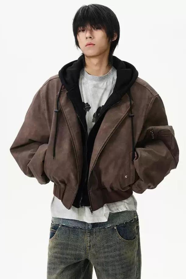 Layered Hooded PU Leather Jacket Korean Street Fashion Jacket By 77Flight Shop Online at OH Vault