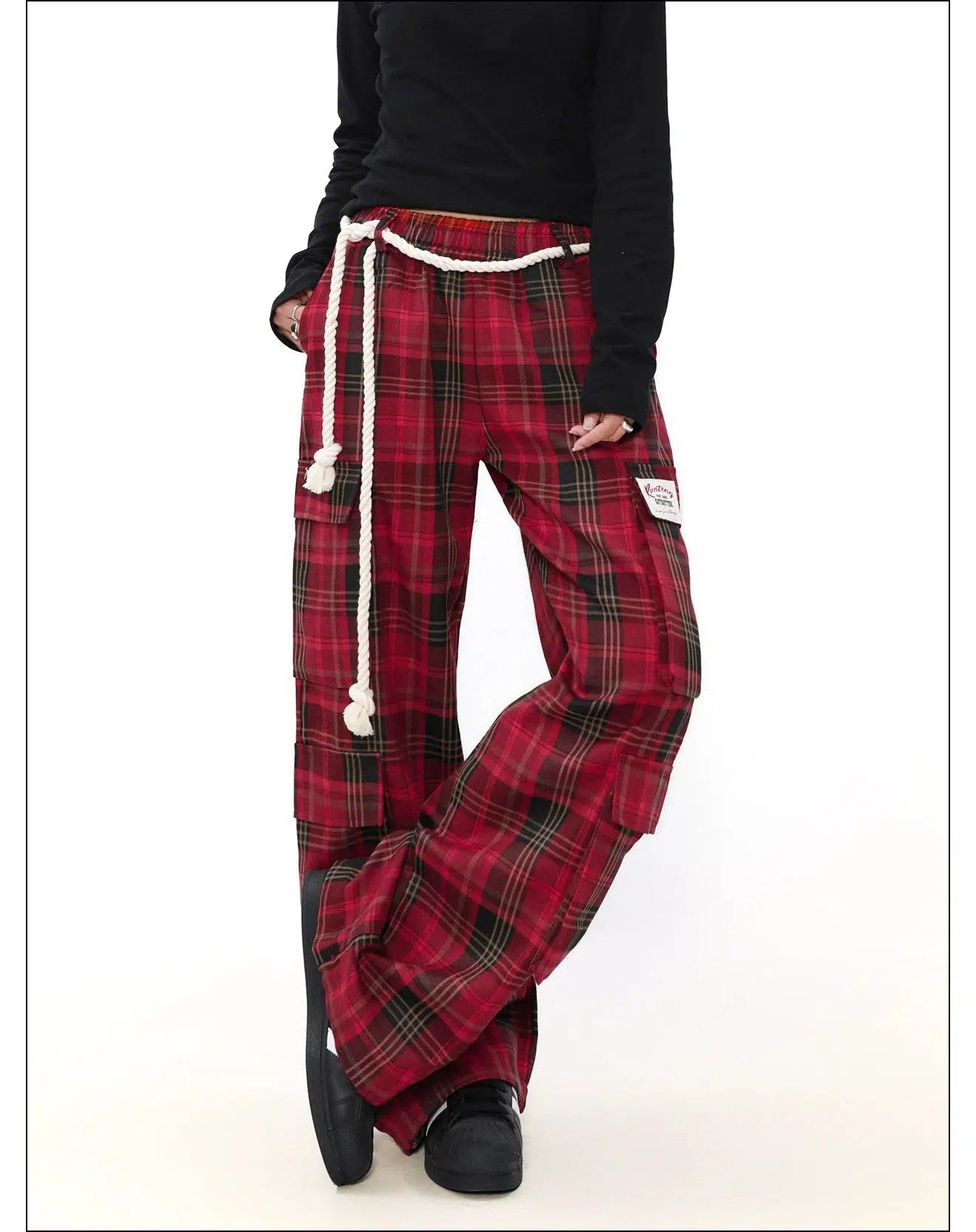 Plaid Rope Detail Cargo Pants Korean Street Fashion Pants By Mr Nearly Shop Online at OH Vault