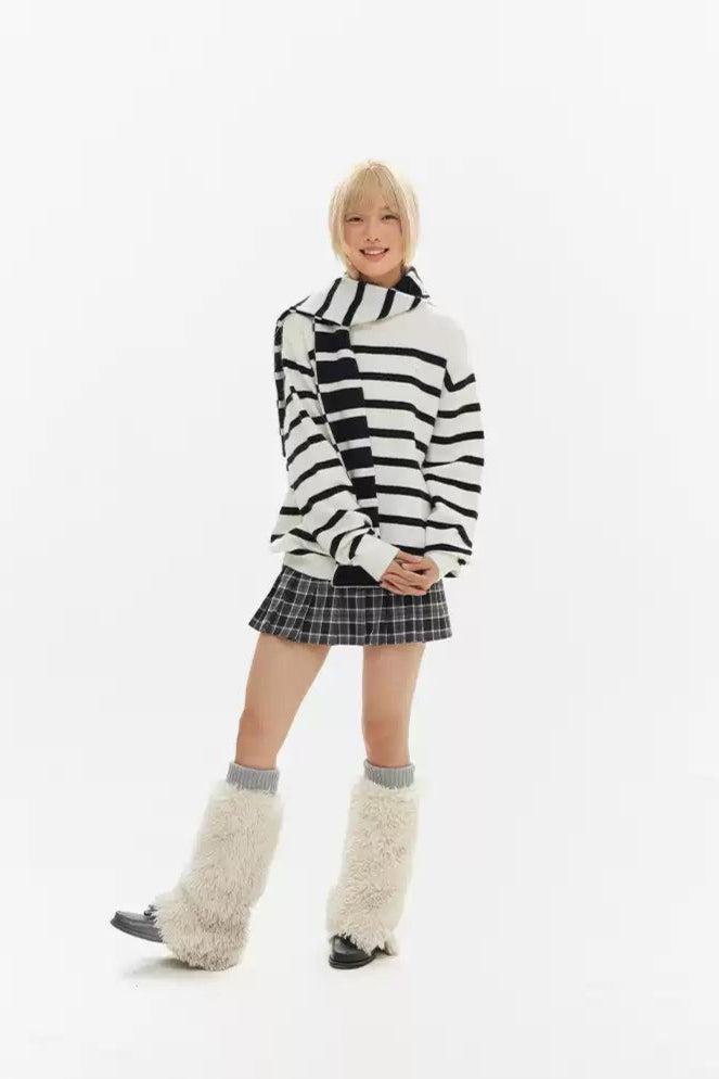 Black and White Stripes Scarf Sweater Korean Street Fashion Sweater By Crying Center Shop Online at OH Vault