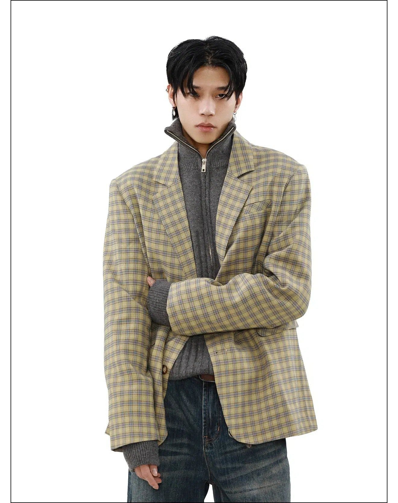 Vintage Plaid Lapel Blazer Korean Street Fashion Blazer By Mr Nearly Shop Online at OH Vault