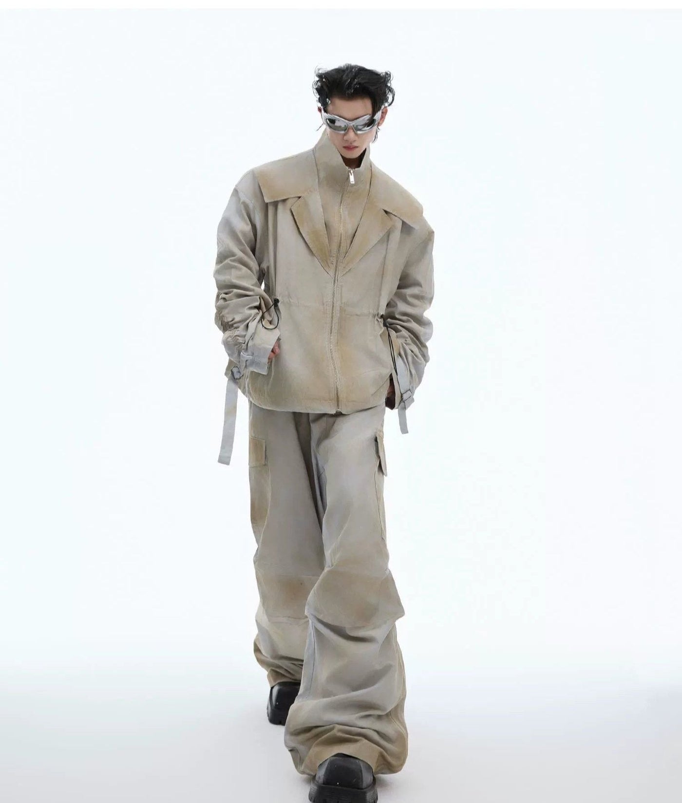 Mud Smudged Layered Jacket & Cargo Pants Set Korean Street Fashion Clothing Set By Argue Culture Shop Online at OH Vault