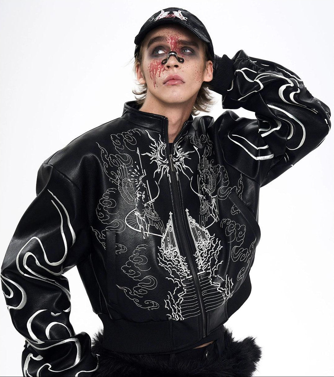 Artwork Stitch PU Leather Jacket Korean Street Fashion Jacket By Slim Black Shop Online at OH Vault