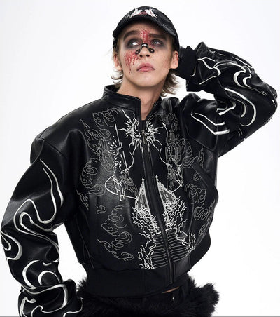 Artwork Stitch PU Leather Jacket Korean Street Fashion Jacket By Slim Black Shop Online at OH Vault