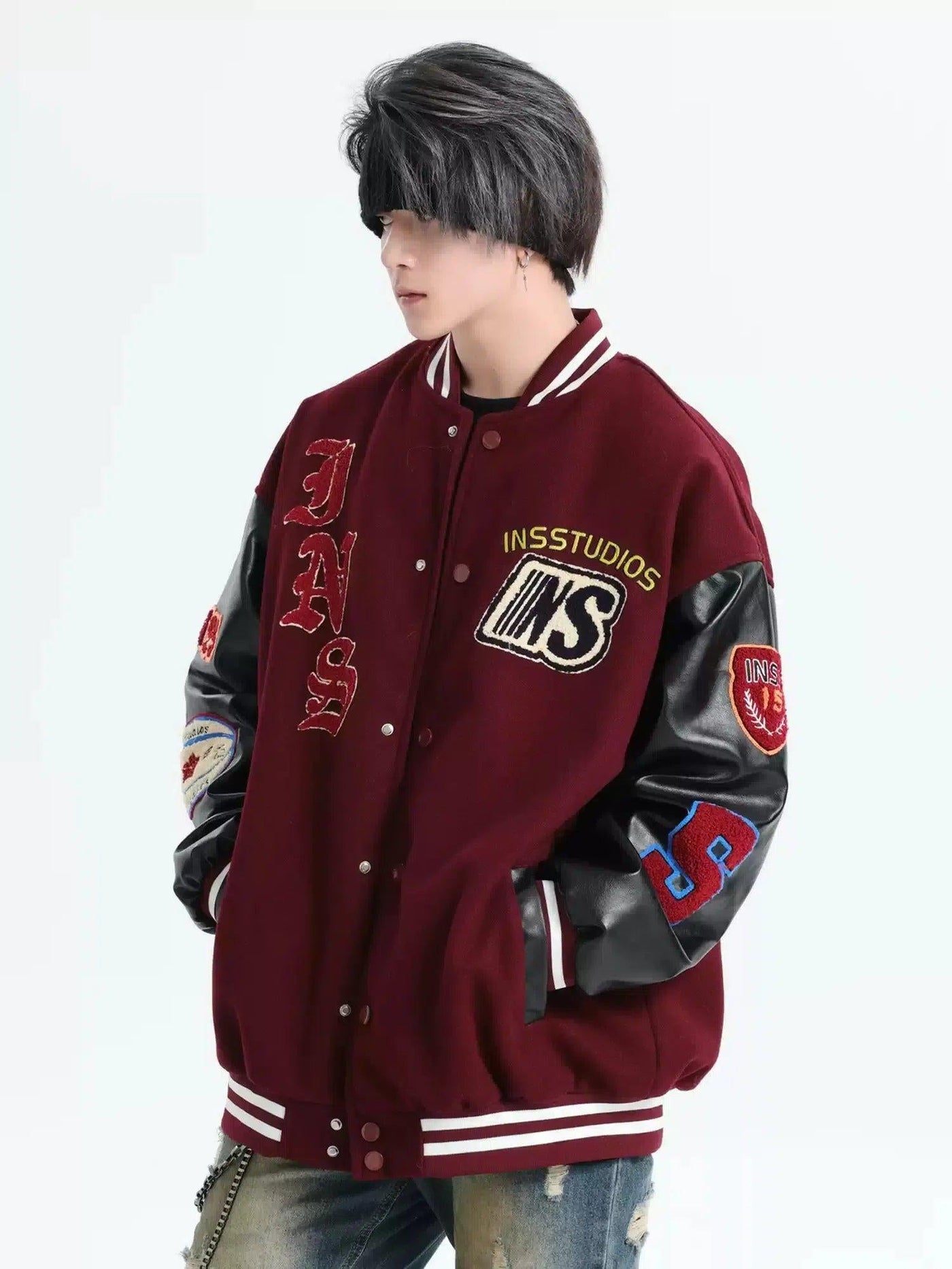 Spliced Faux Leather Sleeve Varsity Jacket Korean Street Fashion Jacket By INS Korea Shop Online at OH Vault