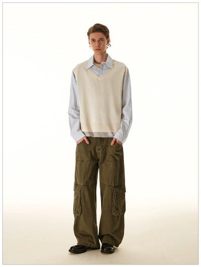 Knit Vest Layered Striped Shirt Korean Street Fashion Shirt By Mr Nearly Shop Online at OH Vault