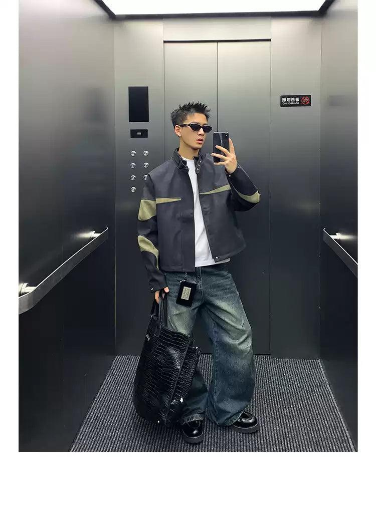 Contrast Buckled Strap Moto Jacket Korean Street Fashion Jacket By Poikilotherm Shop Online at OH Vault