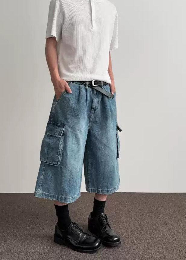 Faded Cargo Denim Shorts Korean Street Fashion Shorts By A PUEE Shop Online at OH Vault