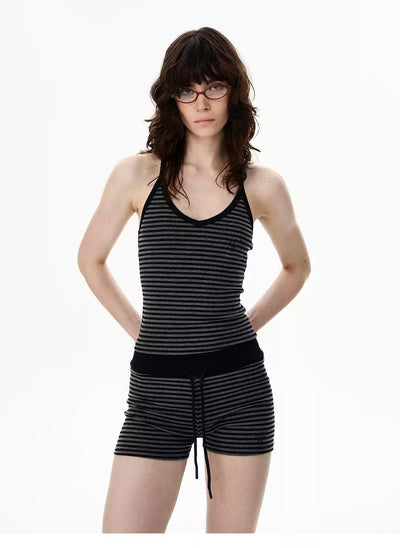 Striped Slim Camisole & Drawstring Shorts Set Korean Street Fashion Clothing Set By 77Flight Shop Online at OH Vault