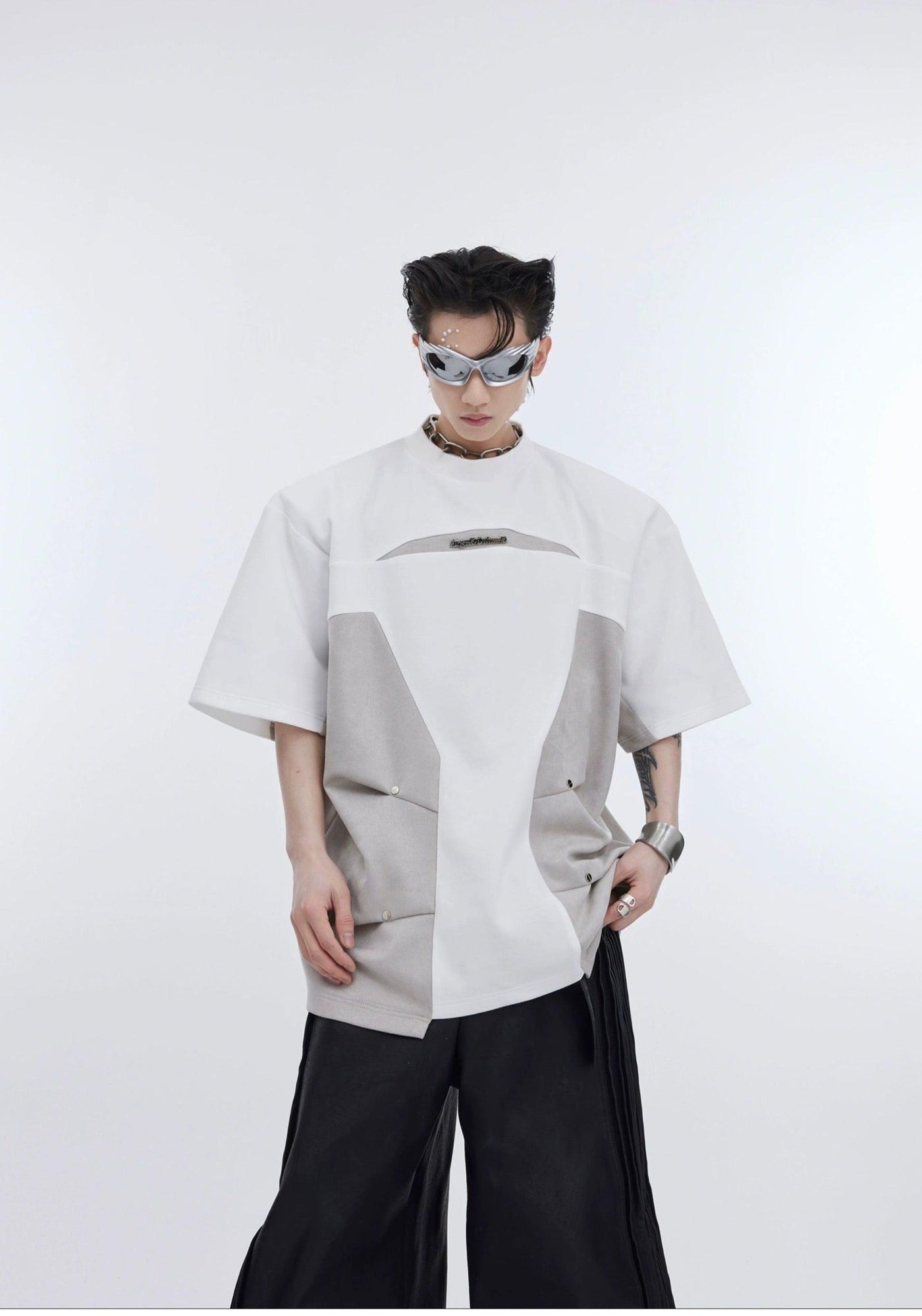 Leather Splice Detail T-Shirt Korean Street Fashion T-Shirt By Argue Culture Shop Online at OH Vault