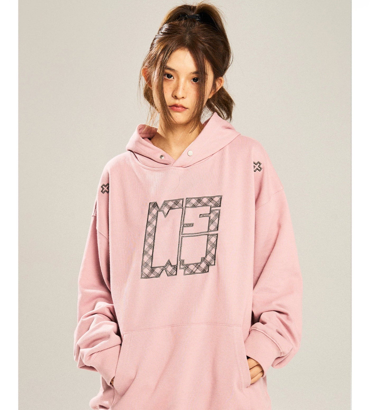 Plaid Logo Embroidery Hoodie Korean Street Fashion Hoodie By New Start Shop Online at OH Vault