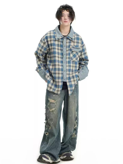Spliced Blocks Plaid Shirt Korean Street Fashion Shirt By INS Korea Shop Online at OH Vault