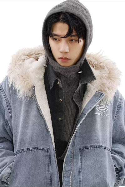 Faux Fur Hood Denim Jacket Korean Street Fashion Jacket By Mr Nearly Shop Online at OH Vault