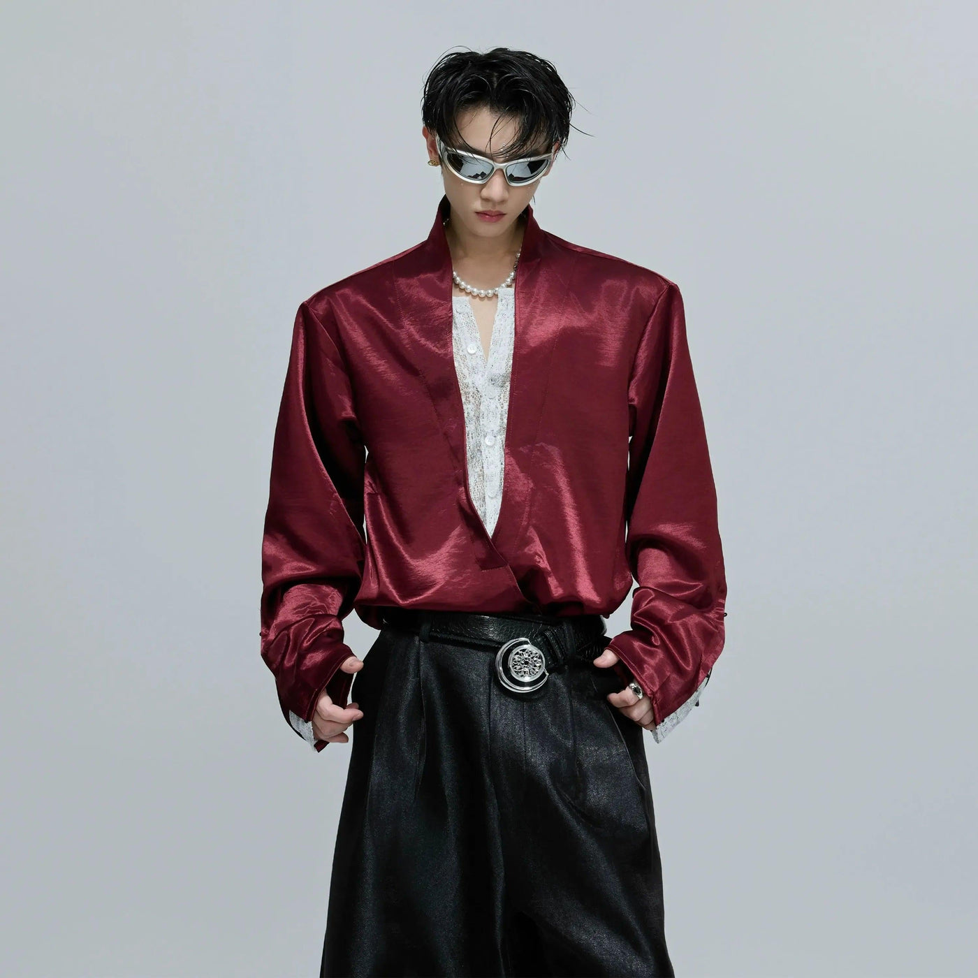 Lace Layered Deep V-Neck Silky Shirt Korean Street Fashion Shirt By Argue Culture Shop Online at OH Vault