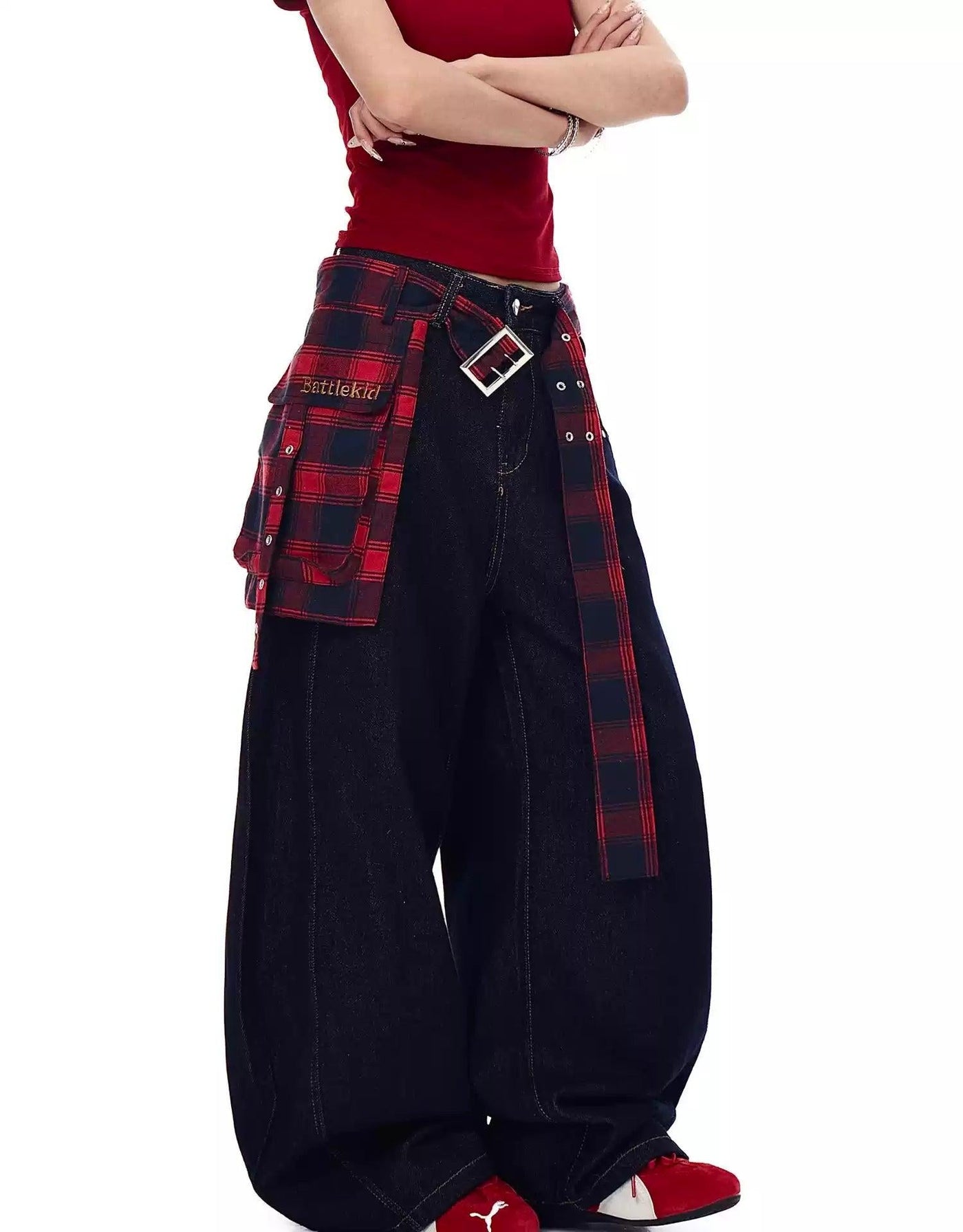 Plaid Splice Belt Wide Jeans Korean Street Fashion Jeans By Blacklists Shop Online at OH Vault