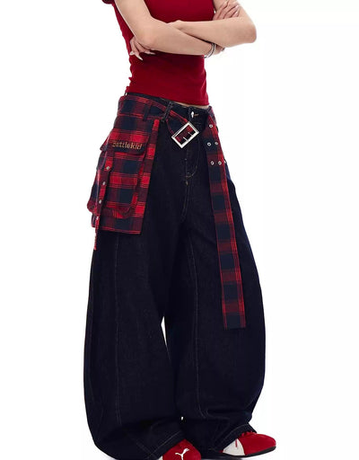 Plaid Splice Belt Wide Jeans Korean Street Fashion Jeans By Blacklists Shop Online at OH Vault