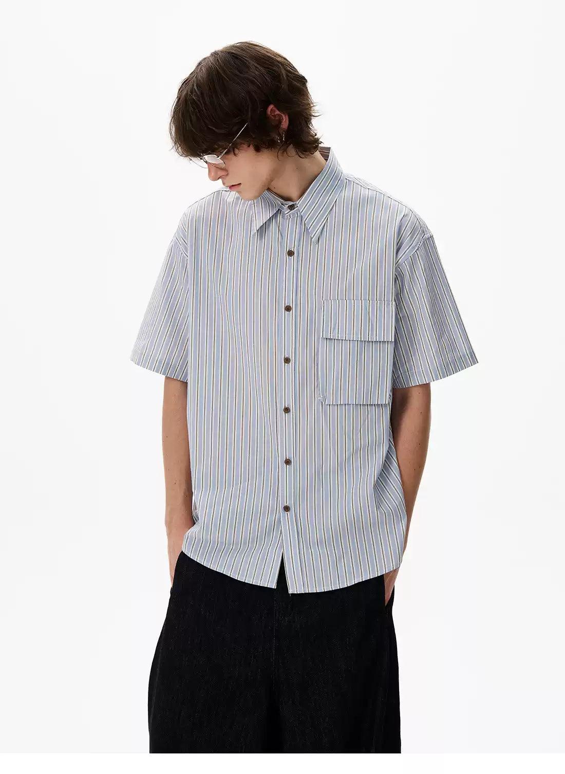 Front Flap Pocket Striped Shirt Korean Street Fashion Shirt By 77Flight Shop Online at OH Vault