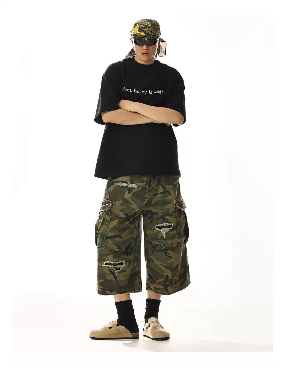 Distressed Spots Camouflage Cargo Shorts Korean Street Fashion Shorts By MEBXX Shop Online at OH Vault