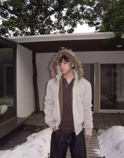 Fur-Lined Ribbed Hem Hooded Jacket Korean Street Fashion Jacket By Made Extreme Shop Online at OH Vault