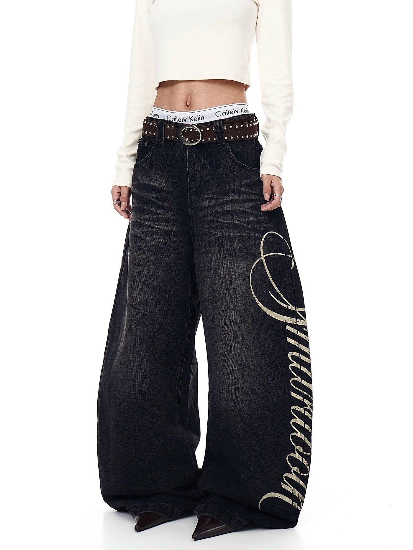 Cursive Print Faded Whiskers Wide Jeans Korean Street Fashion Jeans By Blacklists Shop Online at OH Vault