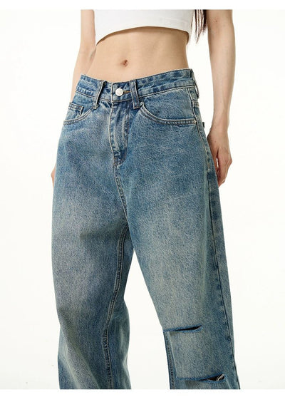 Asymmetric Hole Loose Fit Jeans Korean Street Fashion Jeans By 77Flight Shop Online at OH Vault