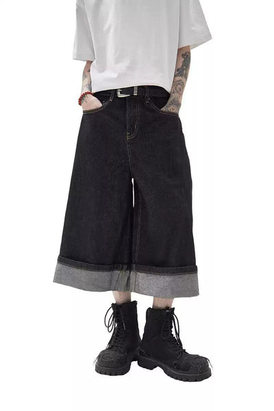 Wide Folded Ends Denim Shorts Korean Street Fashion Shorts By Ash Dark Shop Online at OH Vault