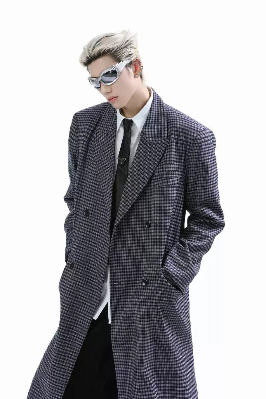 Plaid Peak Lapel Long Coat Korean Street Fashion Long Coat By Turn Tide Shop Online at OH Vault