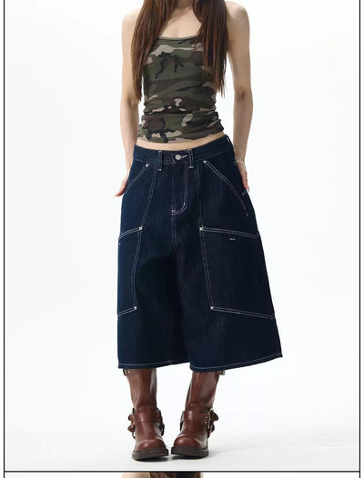 Stitched Structured Denim Shorts Korean Street Fashion Shorts By 77Flight Shop Online at OH Vault