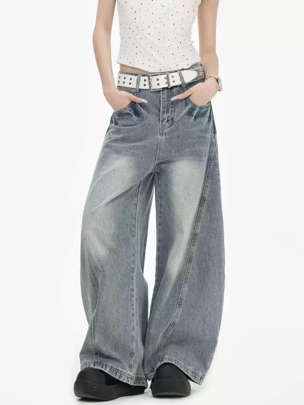 Structured Faded Wide Leg Jeans Korean Street Fashion Jeans By INS Korea Shop Online at OH Vault
