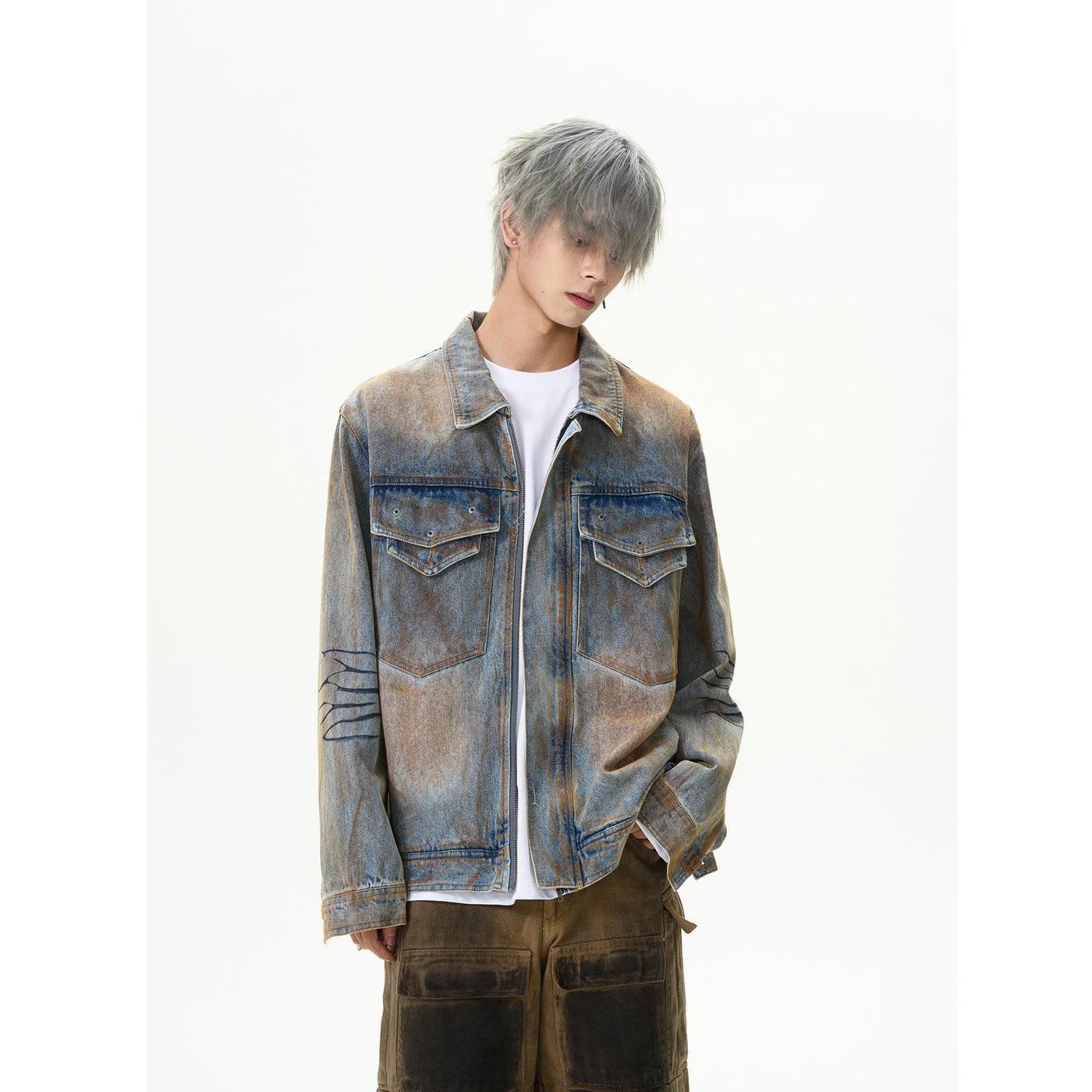 Washed Stitched Pocket Denim Jacket Korean Street Fashion Jacket By MaxDstr Shop Online at OH Vault