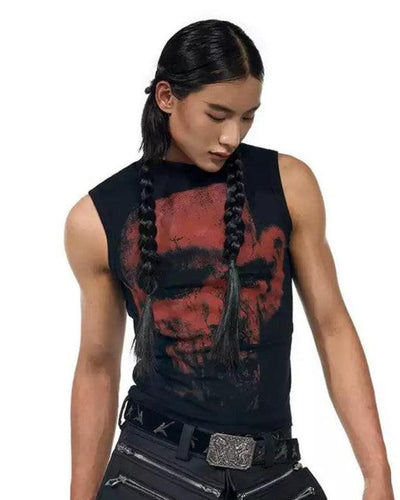 Contrast Graphic Print Sleeveless T-Shirt Korean Street Fashion T-Shirt By Slim Black Shop Online at OH Vault