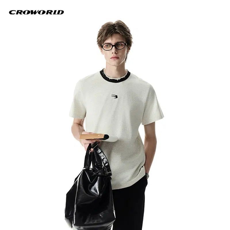 Distressed Contrast Neck T-Shirt Korean Street Fashion T-Shirt By Cro World Shop Online at OH Vault