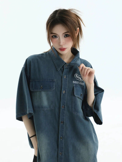 Breast Pocket Denim Shirt Korean Street Fashion Shirt By INS Korea Shop Online at OH Vault