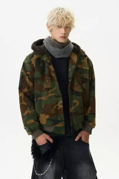 Camouflage Scattered Distress Jacket Korean Street Fashion Jacket By A PUEE Shop Online at OH Vault