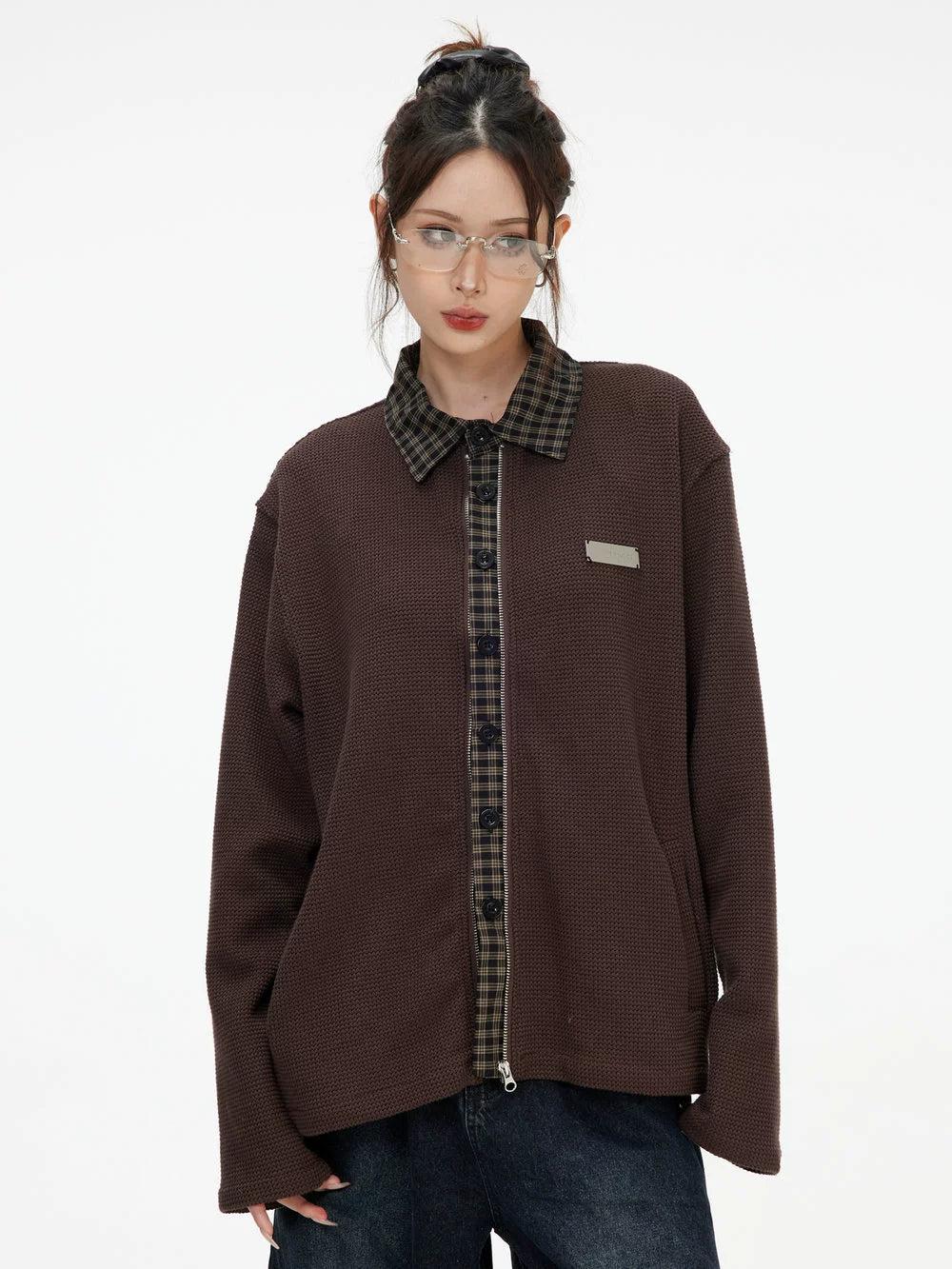Plaid Spliced Waffle Knit Shirt Korean Street Fashion Shirt By INS Korea Shop Online at OH Vault