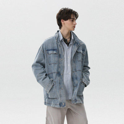 Washed Multi-Pocket Denim Jacket Korean Street Fashion Jacket By Mr Nearly Shop Online at OH Vault