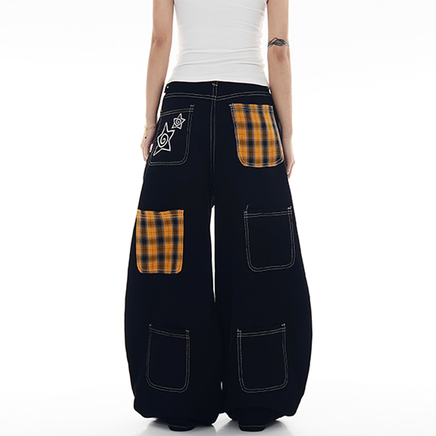 Plaid Patched Detail Scimitar Jeans Korean Street Fashion Jeans By Blacklists Shop Online at OH Vault