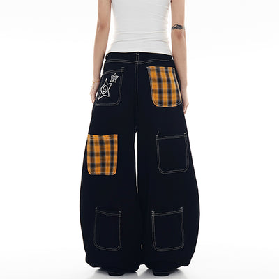 Plaid Patched Detail Scimitar Jeans Korean Street Fashion Jeans By Blacklists Shop Online at OH Vault