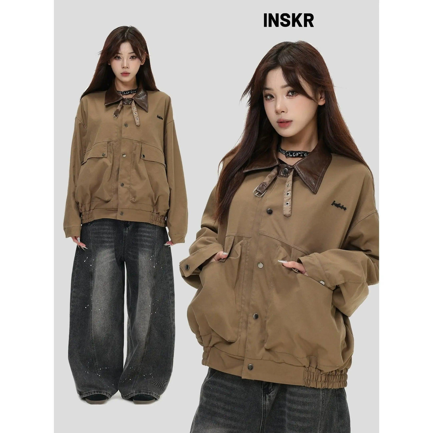 Ruched Hem PU Leather Collar Jacket Korean Street Fashion Jacket By INS Korea Shop Online at OH Vault