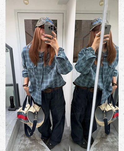 Checkered Hooded Buttoned Shirt Korean Street Fashion Shirt By Made Extreme Shop Online at OH Vault