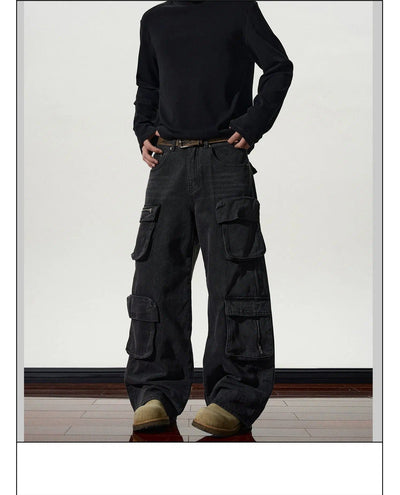 Whiskered Multi-Pocket Cargo Jeans Korean Street Fashion Jeans By A PUEE Shop Online at OH Vault