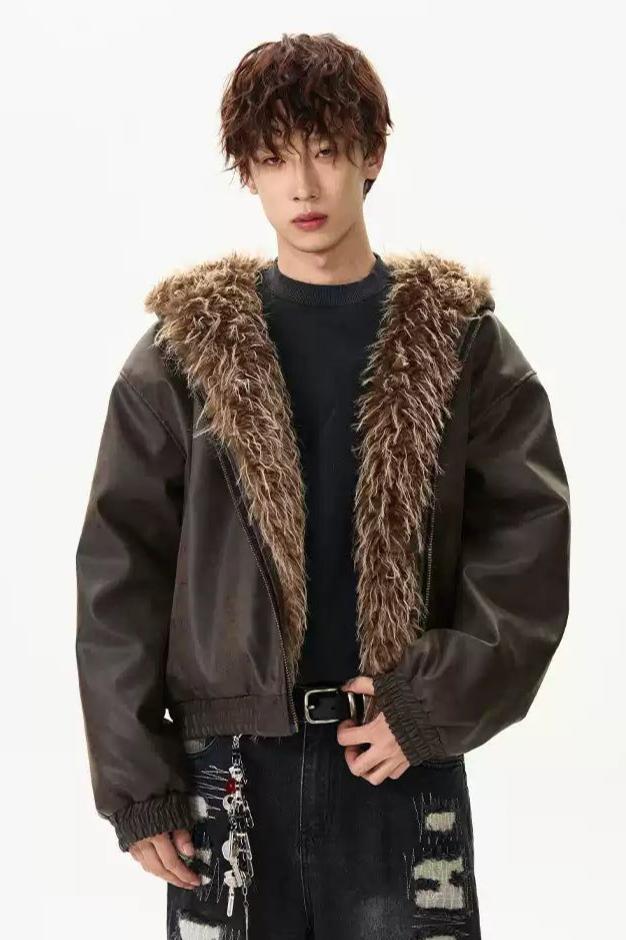 Faux Fur Trimmed PU Leather Jacket Korean Street Fashion Jacket By A PUEE Shop Online at OH Vault