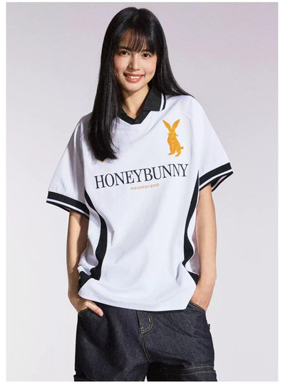 Embroidered Logo Print V-Neck Polo Korean Street Fashion Polo By Remedy Shop Online at OH Vault
