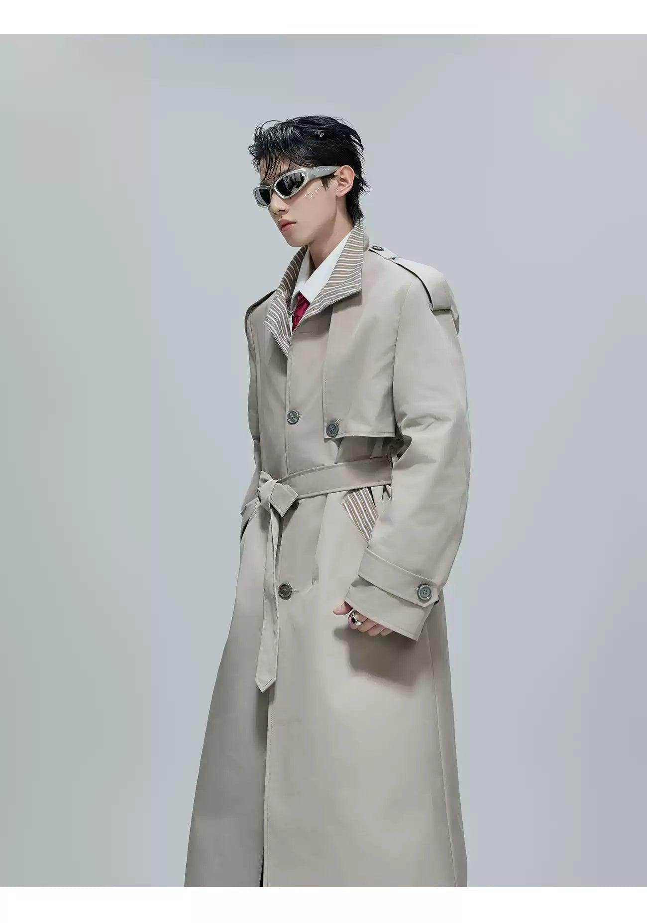 Striped Lining Belted Overcoat Korean Street Fashion Long Coat By Argue Culture Shop Online at OH Vault