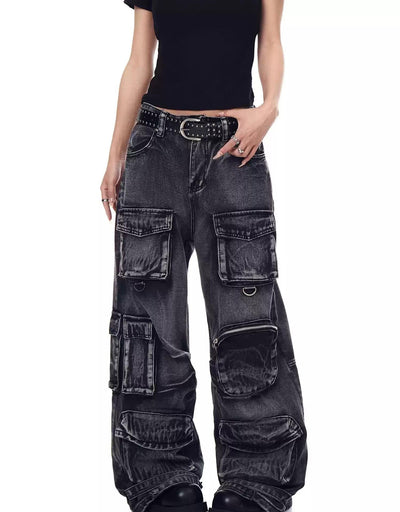 Functional Washed Cargo Jeans Korean Street Fashion Jeans By Blacklists Shop Online at OH Vault