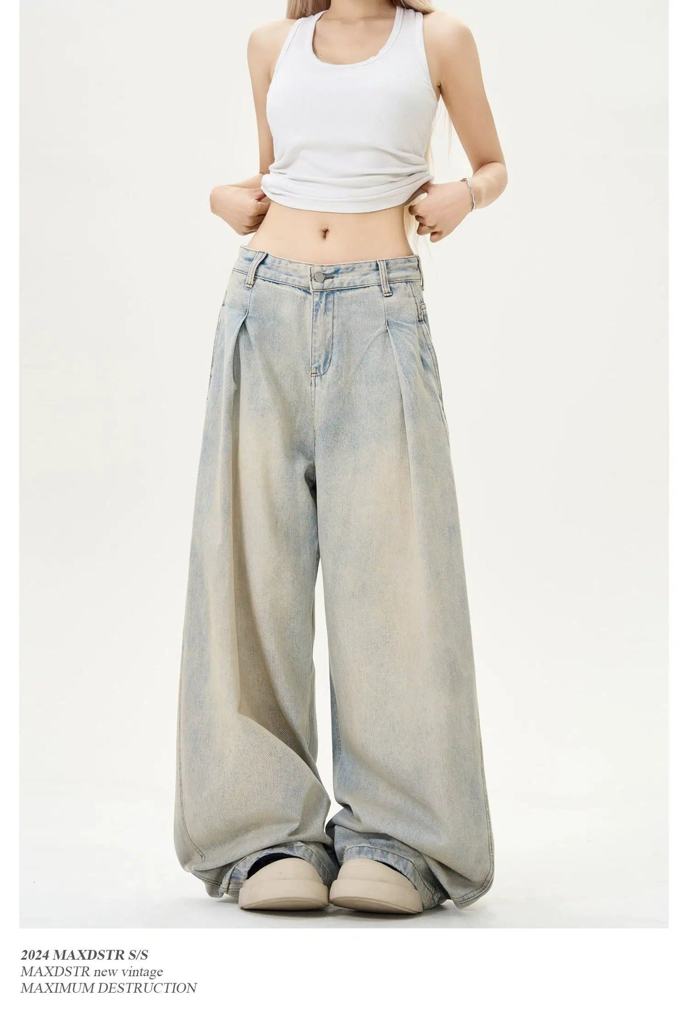 Mud-Washed Pleated Jeans Korean Street Fashion Jeans By MaxDstr Shop Online at OH Vault